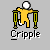 Animated pixel art of a yellow figure with white head gripping green bars, transitioning through numbered states and red splatter effects with text labels.