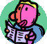 Pixelated cartoon character with pink face and yellow hair reads a document in four sequential poses showing changing clothing colors.
