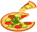 Animated pizza icon showing two pizzas with one slice being lifted from the left pizza, both topped with red tomatoes and green peppers on a gray background.