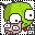 Pixelated cartoon character with green hair, white face, and pink mouth holding a red object against black-and-white checkered background.