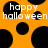 Orange background with black circular shapes and white text reading 'happy halloween' in pixelated font.