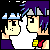Pixel art character with purple hair and blue highlights, wearing a yellow chest plate over dark clothing, shown in multiple facial expressions including neutral, smiling, winking, and blushing.
