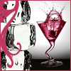 A static image shows a stylized robot with metallic and white sections on the left, and a pink martini glass with a splash effect on the right against a light background.