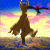 Animated sequence shows a character in brown dress and another in gray armor performing dynamic poses against sunset sky with yellow-orange clouds.