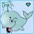 Pixelated light blue whale with palm tree on back, smiling mouth open to show teeth, heart symbol above head changing from solid teal to white outline.