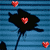 Pixelated blue striped background with black silhouette holding red heart, two additional red hearts floating nearby.