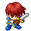 Pixel art character with red hair and blue armor holding a silver sword in three distinct poses against gray background.