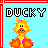 Pixel art duck character with orange feet and yellow body, sitting on light blue background under 'DUCKY' text in various color schemes.