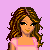 Pixelated character with brown curly hair and pink top, blue jeans, standing against purple background with star-shaped text elements.