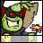 Green-skinned cartoon character with red eyes and black mask, smiling widely while holding pink flowers against white background.