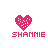 Two static pixel art frames of a pink heart icon with white dots and the text 'SHANNIE' below it, displayed side-by-side on a gray background.