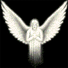 Four static angel figures with outstretched wings, each in a different pose against black background.