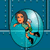 Pixelated character in green outfit floating inside translucent blue bubble against blue grid background.
