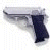 A pixelated contact sheet showing two frames of a 50x50 AIM buddy icon: left frame displays a silver and black handgun on white background, right frame shows green text "Original Icons .com" on dark green background.