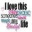 Pixelated static image with black text 'I love this' over pink and blue floral shapes on white background.