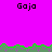 Pixelated text 'Goja' repeated across a bright magenta background with green and gray horizontal bands.