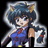 Pixelated anime-style character with cat ears and blue hair holding a white object, next to stylized text on black background.