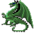 Green pixelated dragon with blue eye, open mouth showing teeth, wings spread, tail curled on light gray background; adjacent green displays 'Original Icons .com' in bright green text