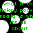Green pixelated text on black background with white circular shapes, displaying repeated phrases in a