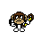 Pixel art monkey with brown fur, white hands and feet, holding a yellow banana in its right hand against a gray background.