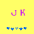 Yellow background with purple 'JK' text and blue star icons; left side has five stars, right side has six stars with one light blue star.