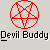 Red pentagram symbols and a cartoon devil character with horns, white face, red body, and pitchfork appear in a with repeated text