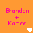 Pixelated orange background with pink text 'Branden + Karlee' and three white heart icons in different positions.