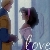 Two pixelated figures stand side-by-side against a light blue background, one with brown hair and dark clothing on the left, another with black hair tied by purple band holding white object on right.