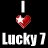 Black with white text 'I' and red heart symbol above 'Lucky 7', four pixelated figures on red background, one figure in gray