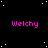 Pixelated text 'Welchy' repeated across a black background with scattered white dots, one gray rectangle in the bottom-right corner.