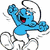 Blue cartoon character with white pants and hat, red mouth, raised fists; repeated image next to 'VERSUS' text and a person labeled 'Pwned.'