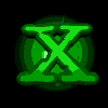 Green circular icon with a stylized X symbol animating through multiple states against black background.