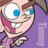 Pixelated cartoon character with large blue eyes, brown hair, and a wide grin showing teeth, wearing purple clothing against a solid purple background.