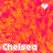 Pixelated orange-red background with four white heart symbols and repeated 'Chelsea' text in light pink pixel font.