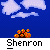 Pixelated animation of a green dragon-like creature with red eyes and yellow lightning effects, set against a blue sky with clouds and a yellow sunburst.