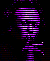 Three vertical display a single animated figure in purple and black striped rendering, showing sequential pose changes from standing to seated
