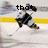 Hockey player in black and white uniform skating on ice with yellow line, holding hockey stick, text overlays change across frames.