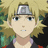 Pixelated anime-style character with blonde hair, silver headband featuring a spiral symbol, blue eyes, and neutral expression against blurred green-brown background.