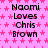 Pink background with repeating pink star pattern, black text reading "Naomi Loves Chris Brown" in three lines per section.