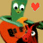 Animated contact sheet of a green cartoon character playing an orange guitar with changing heart symbols above it across five frames.