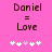 Pixelated text 'Daniel = Love' on pink background with white and light pink heart symbols below, two variations of the same design.