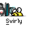 Animated pixel art contact sheet showing a yellow stick figure character interacting with a blue and white device across five frames, labeled "Swirly" below each frame.