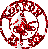 Three circular red-and-white pixelated icons with floral patterns and central figures, arranged in a triangular layout on gray background.