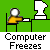 Pixelated figure in yellow shirt sits at green desk with white computer; blue liquid drips from monitor as text changes to WHAT THE and the head blurs.