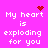 Pixelated text on bright pink background with red heart and starburst symbols, animated heart and starburst changes.
