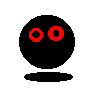A black circular figure with red eyes, pink mouth, green wavy mouth, white teeth, and blue wave lines on a white background.