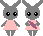A 4x3 contact sheet of pixel art bunny icons in pink dresses with varying expressions and props, displayed on a gray background.