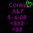 Purple pixelated text on black background with green heart symbol above 'Corey' in left , identical right without heart