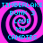 Pixelated spiral pattern with cyan text overlays on a pink and dark blue background.