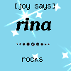 Light blue background with white stars and sparkles, displaying three repeated text blocks: "[joy says] rina rocks" and "you're mad" with black hearts below.